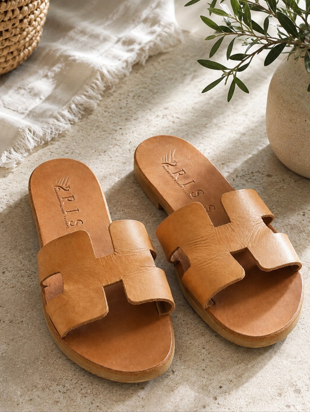 RIS Handmade Greek Leather Tan Slide Sandals Size 39